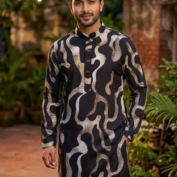 China Stitch Printed Panjabi Black - 303